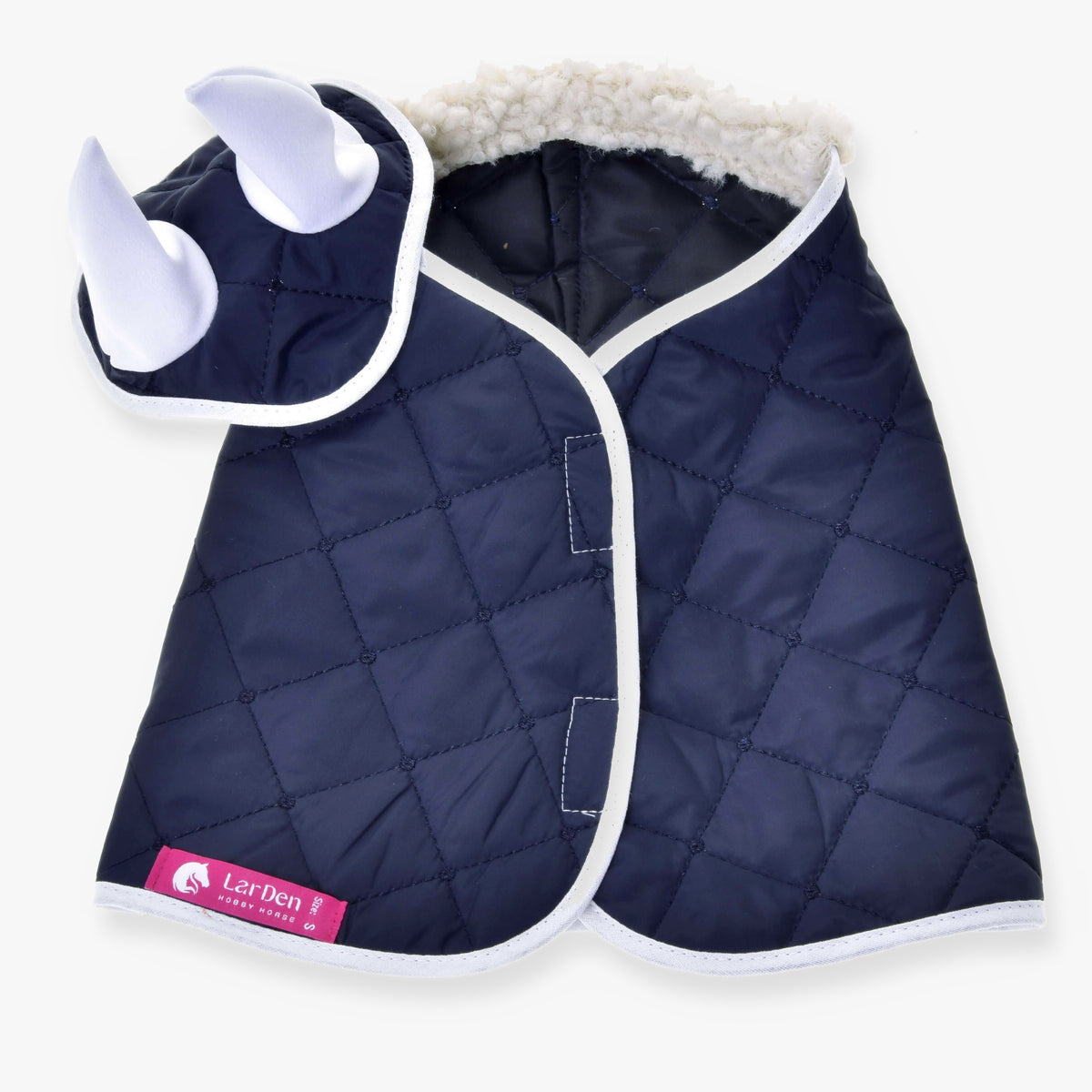 Hobby Horse Set Thermo Blue by LarDen, navy quilted blanket with cream fleece collar and ear bonnet with white ears