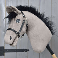 Hobby Horse Thor with Black Halter by LarDen, a grey-brown plush head with a fluffy black mane and forelock