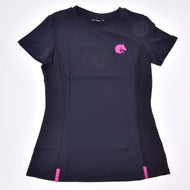 Black Hobby Horse T-Shirt Active laid flat, short sleeves, pink horse head logo and two pink tabs at the hem