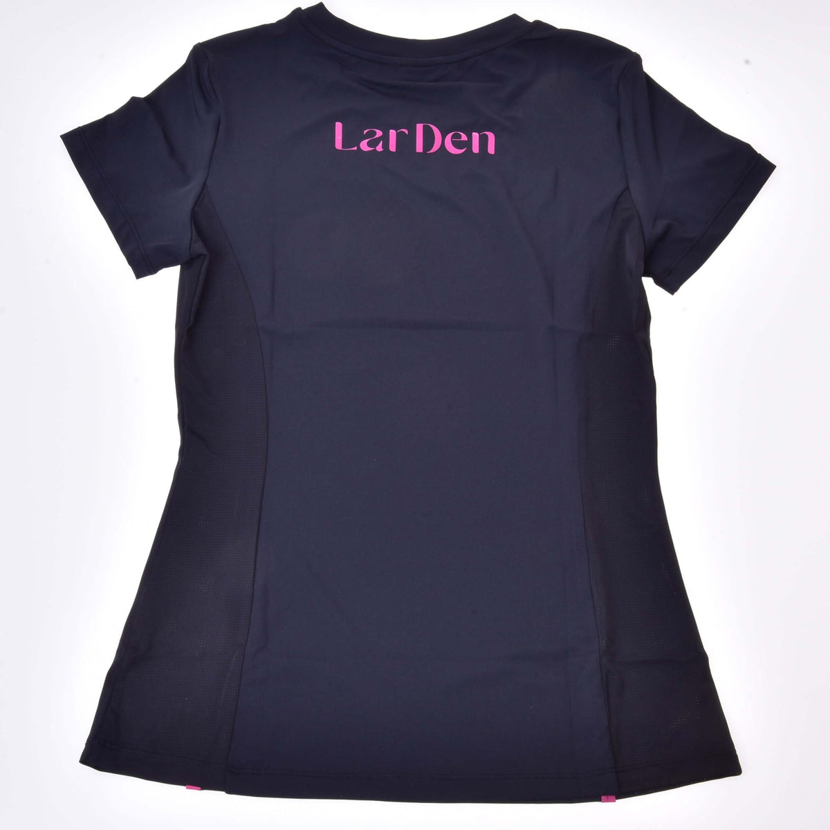 Back of the black Hobby Horse T-Shirt Active laid flat, pink LarDen lettering below the round neck