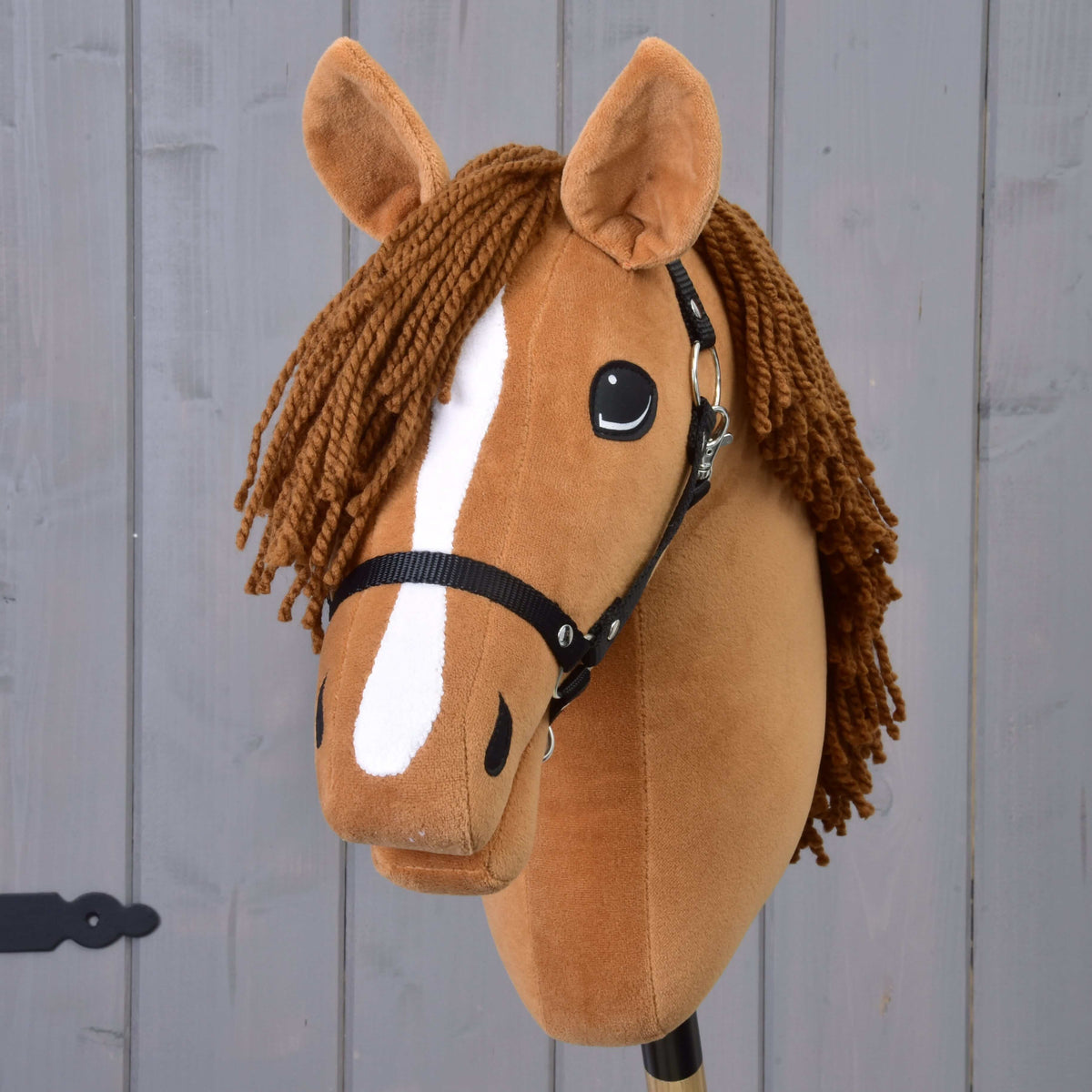 Hobby Horse Wendy framifrån med den vita bläsen längs ansiktet, svart grimma och brun pannlugg av garn