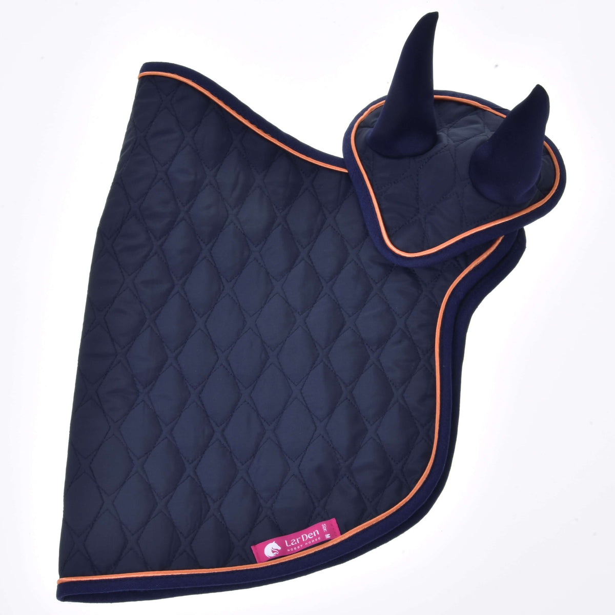 Navy blanket and ear bonnet of the Hobby Horse Set Winner laid flat, with orange piping and pink LarDen label