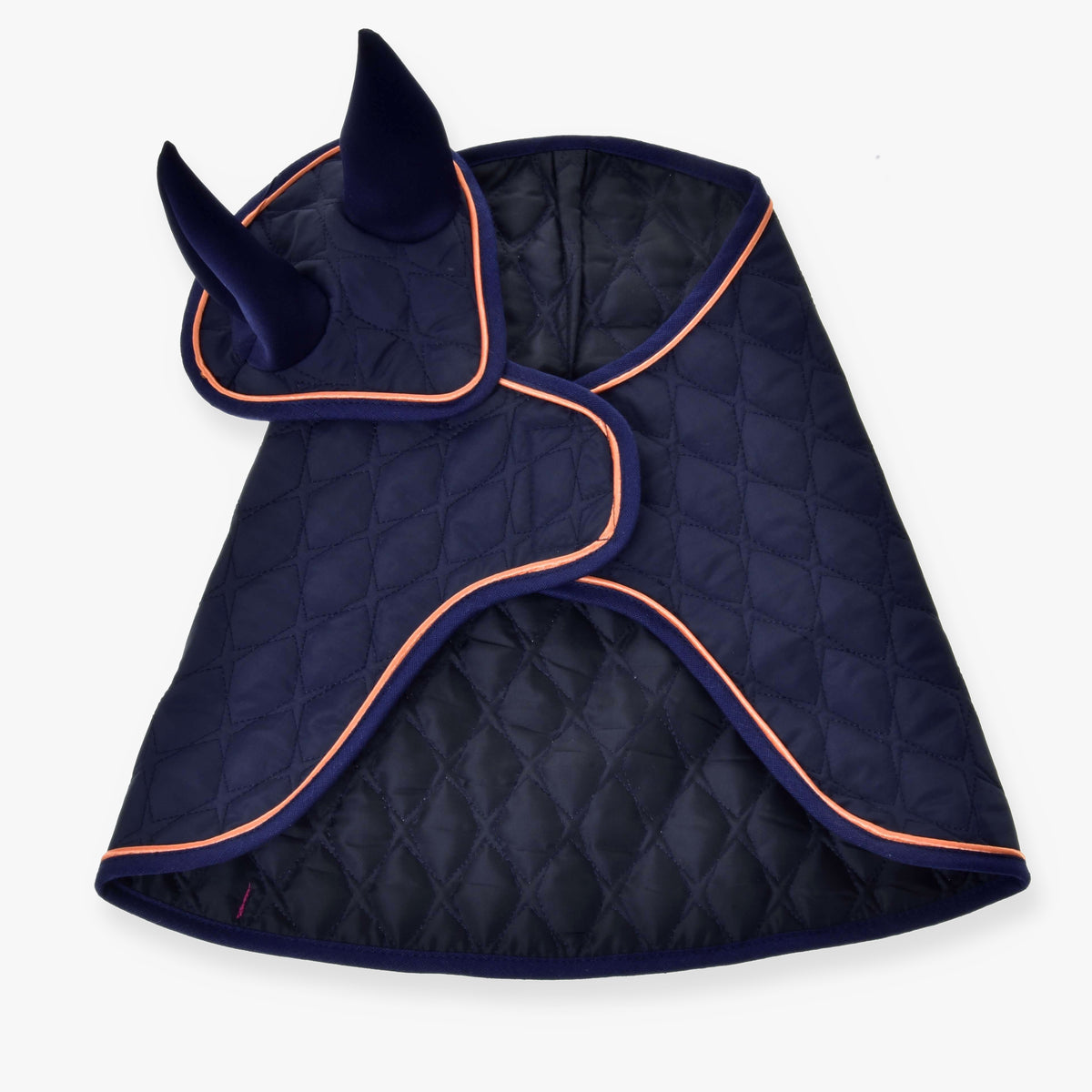 Hobby Horse Set Winner by LarDen, navy quilted blanket and matching ear bonnet with orange piping laid flat