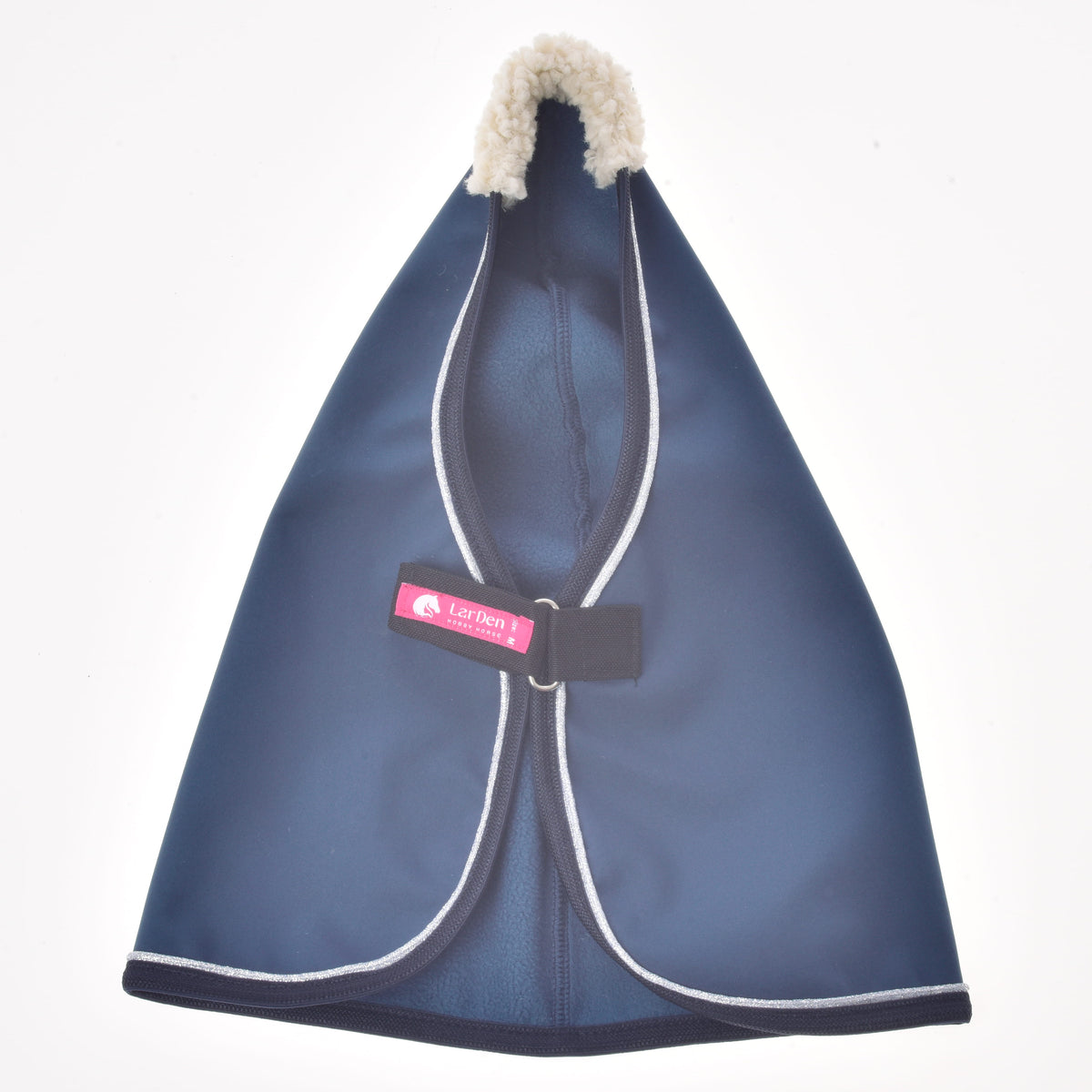 Stable Blanket Winter Sky for Hobby Horse laid open at the front, showing the navy lining and the pink LarDen label