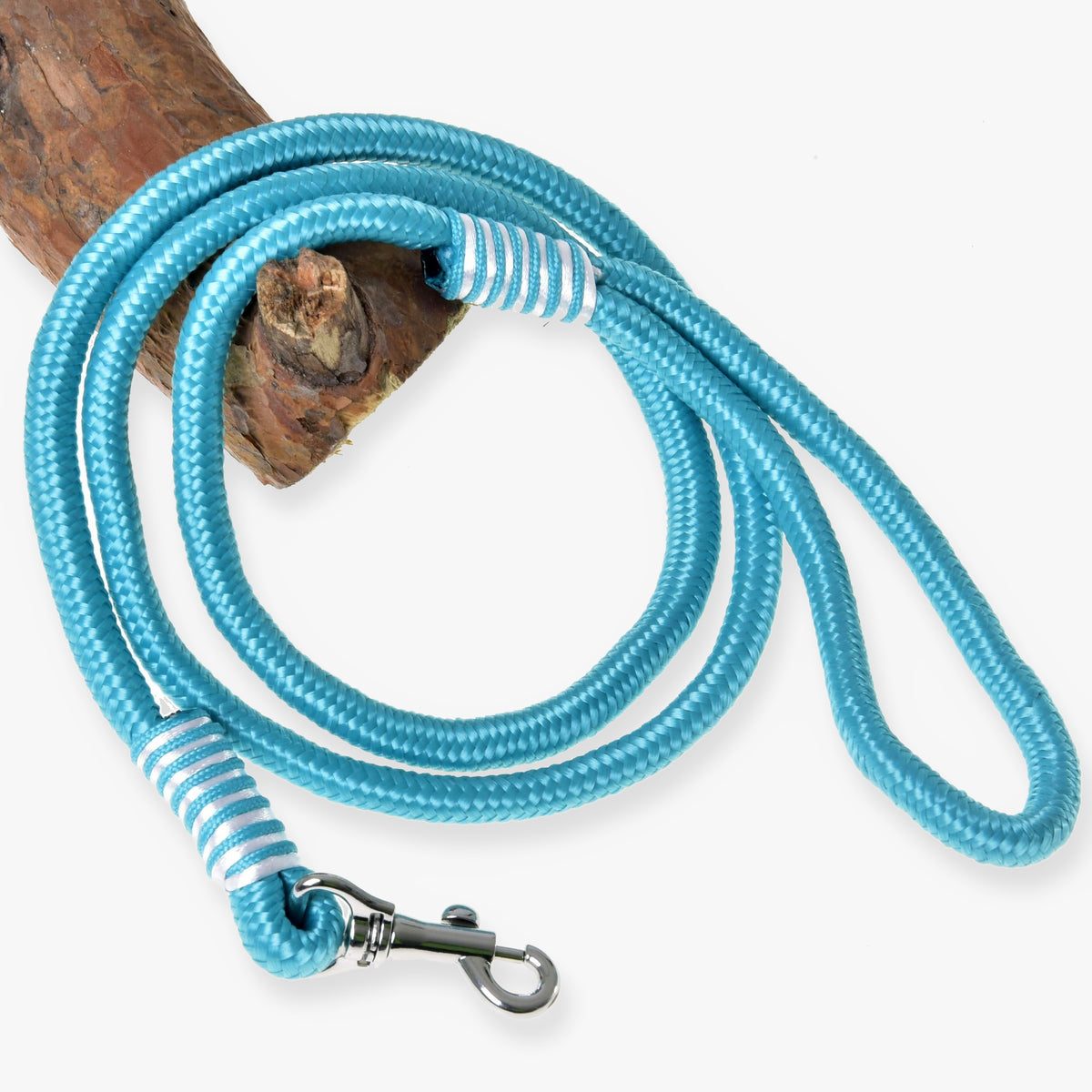Hobby Horse rope stripe Atlantis by LarDen, turquoise lead rope with white striped wraps and a silver snap hook