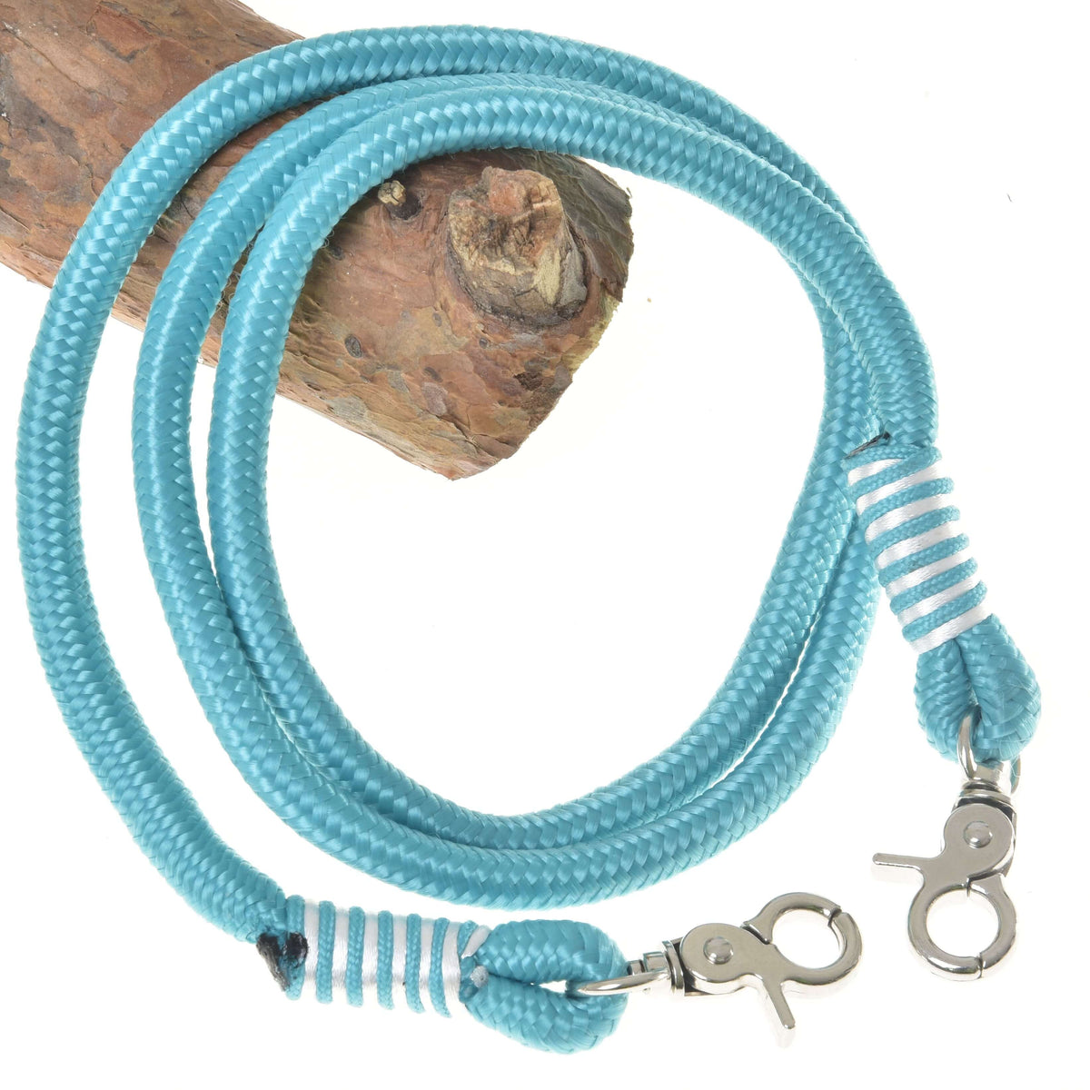 Hobby Horse Reins Atlantis by LarDen, turquoise rope reins with white striped wraps and two silver snap hooks