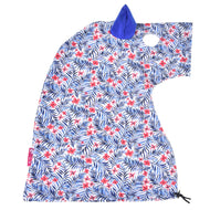 Avatar protective suit laid flat from the side, blue leaf and red flower print with a royal blue ear and an eye opening