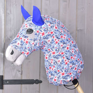 Hobby Horse protective suit Avatar (Lycra) by LarDen on a grey head, white with blue palm leaves, red flowers and blue ears