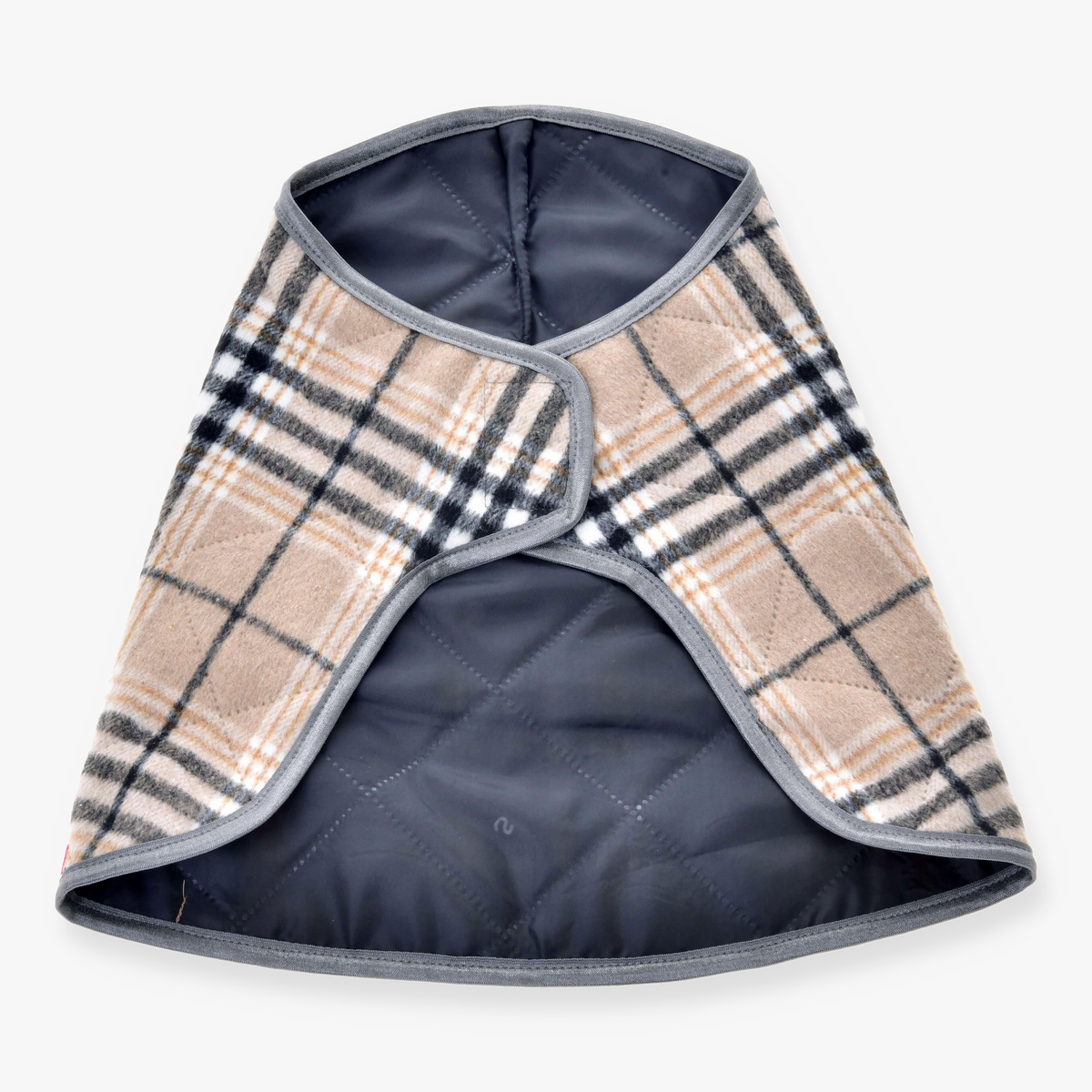 Hobby Horse Blanket Cremo England by LarDen, beige check blanket with grey binding, opened to show the dark lining
