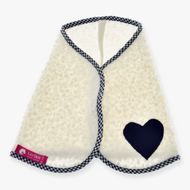 Hobby Horse Blanket cube blue by LarDen, cream curly fleece with a navy heart patch and navy gingham trim
