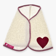 Hobby Horse Blanket cube red by LarDen, cream curly fleece with a burgundy heart patch and red gingham trim