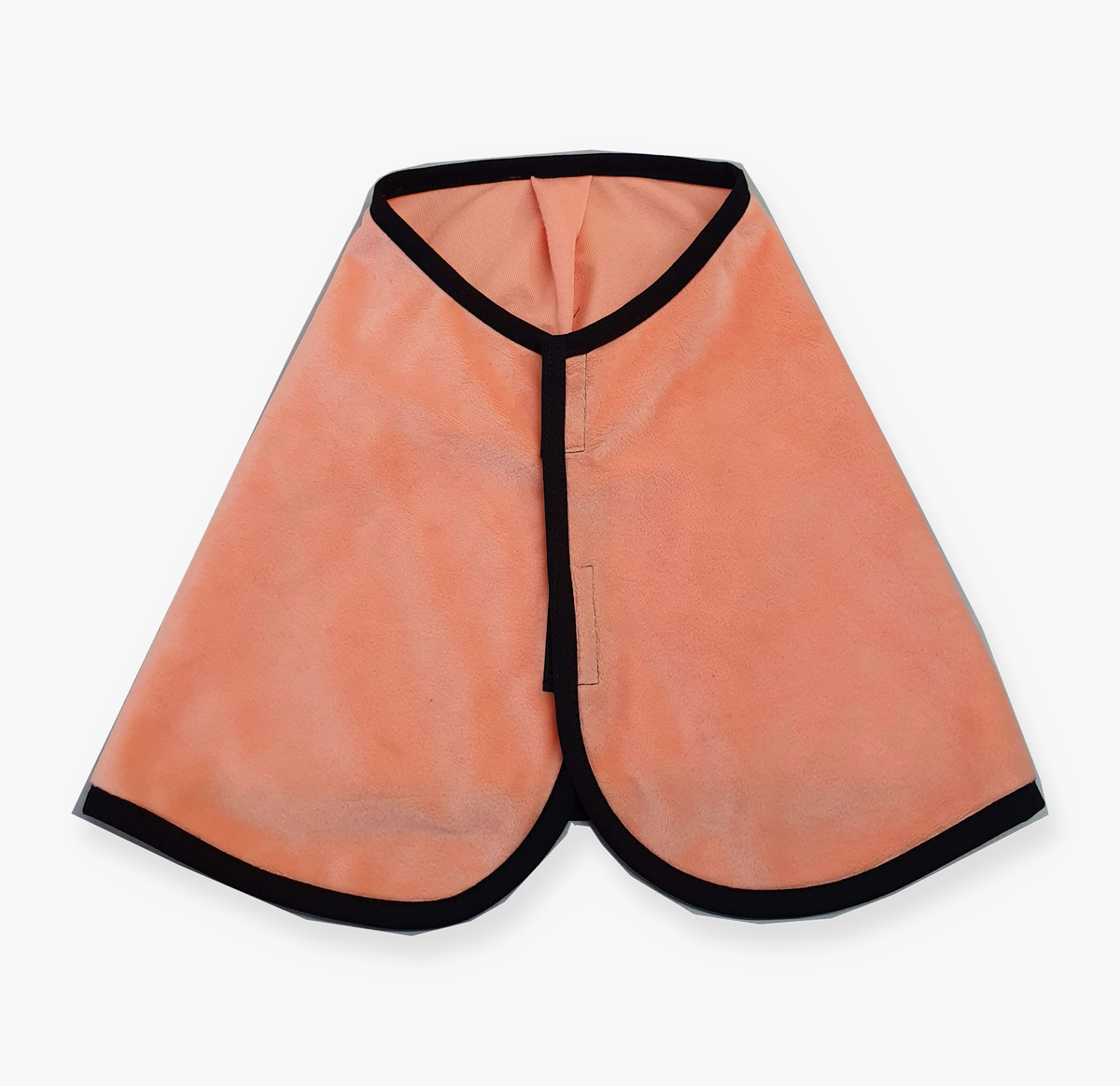 Hobby Horse Blanket Peach by LarDen in soft peach plush with black binding and hook-and-loop front closure, laid flat