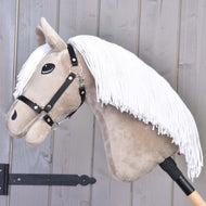 Hobby Horse Blondie with Black Halter with its head tilted down, white yarn mane over the beige neck and wooden stick