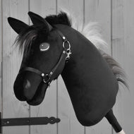 Hobby Horse Bond with Black Halter by LarDen, a black plush head with a fluffy black and silver-grey mane, side view