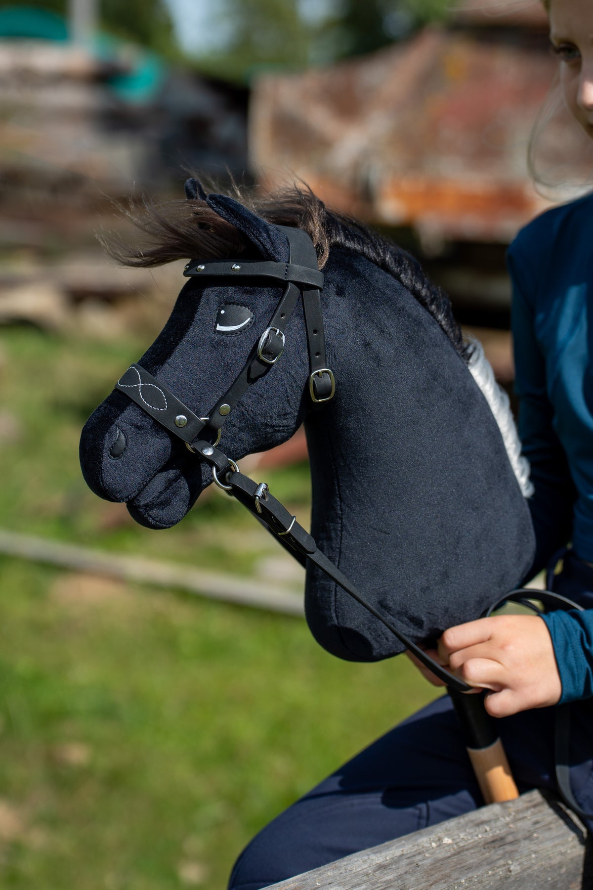 Hobby Horse Bond with Black Halter up close in a black bridle with white-stitched noseband and reins, blurred farmyard behind
