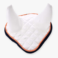 Hobby Horse Ear Bonnet Speedy by LarDen in white quilted satin with white ear covers, orange piping and navy binding