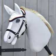 Grey plush Hobby Horse with a cream mane and black halter wearing the white ear bonnet with orange and navy trim