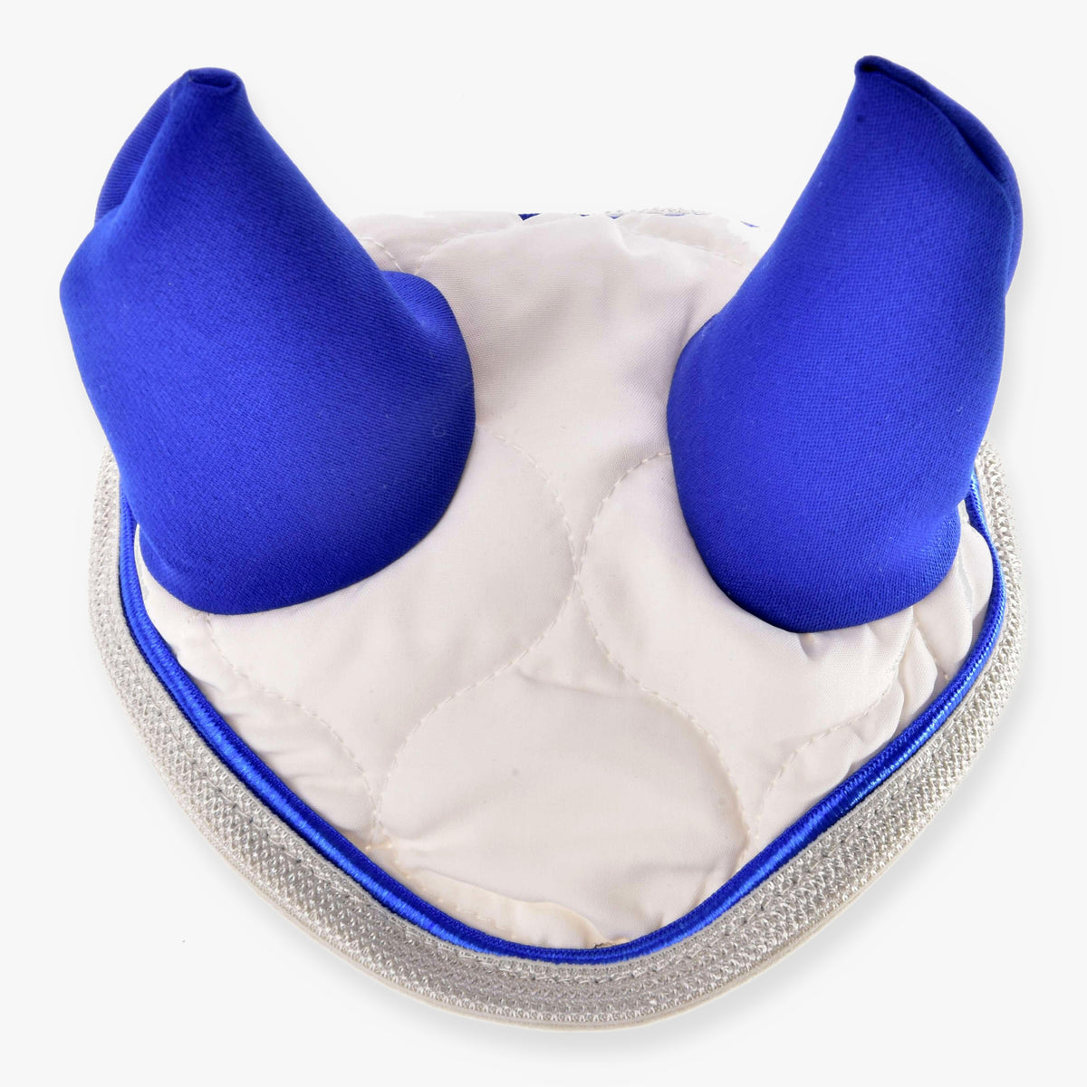 Hobby Horse Ear Bonnet Cream Pearl by LarDen, cream quilting with royal blue ears, blue piping and a sparkly silver edge