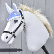 Grey Hobby Horse with a blond mane and black halter wearing the Ear Bonnet Light Violett with light grey ears