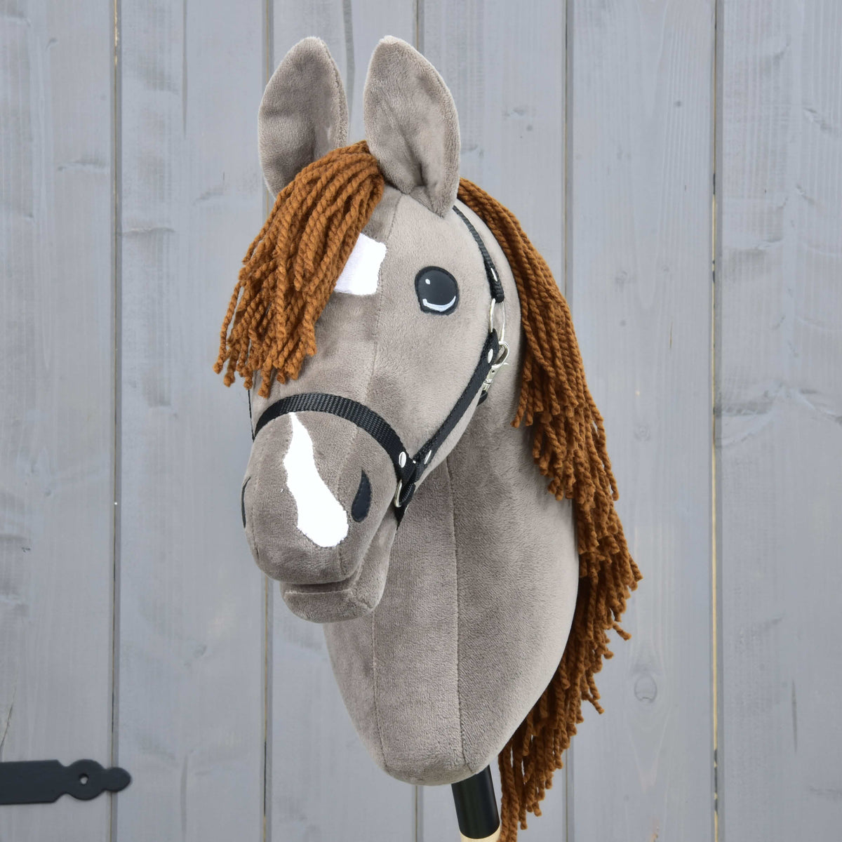 Front view of Hobby Horse Chanell with a white star and stripe, a ginger yarn forelock and a black halter