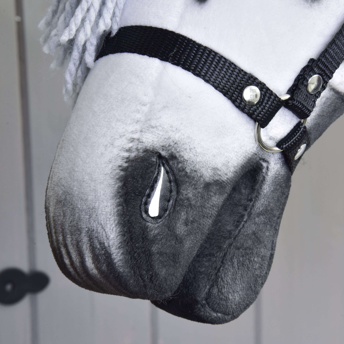 Close-up of the grey shaded muzzle of Hobby Horse Chantal with a painted nostril and the black halter noseband