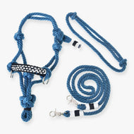 Hobby Horse Rope set Chess by LarDen in petrol blue rope: halter with a black and white checked noseband, cordeo and reins