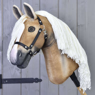 Hobby Horse Connie with Black Halter by LarDen, a golden tan plush head with a long cream yarn mane and white blaze