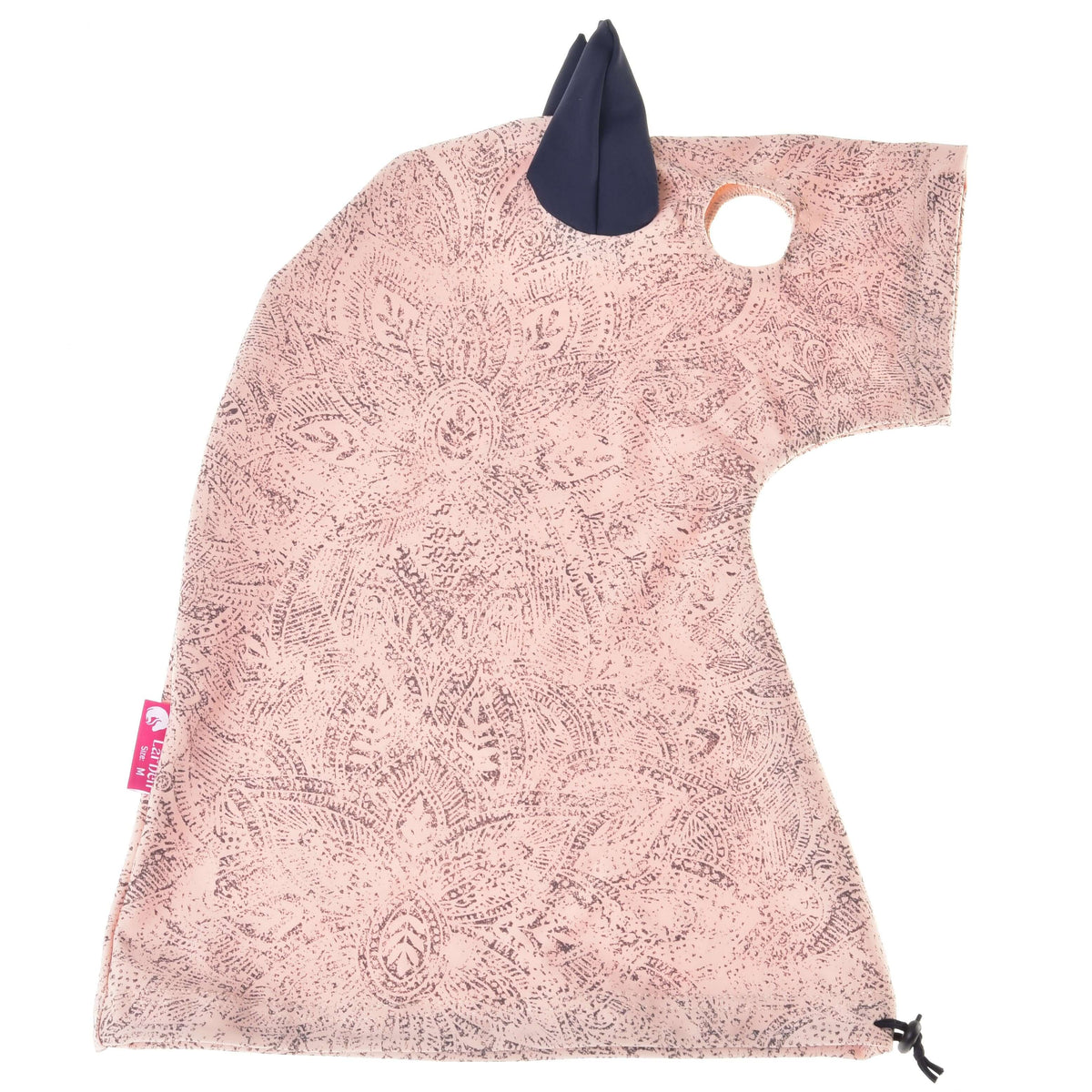 Cosmos protective suit laid flat from the side, pink paisley Lycra with a navy ear, eye opening and drawstring hem