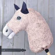 Hobby Horse protective suit Cosmos (Lycra) by LarDen on a grey head, pale pink with a grey paisley print and navy ears