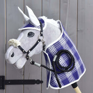 Grey Hobby Horse in the full Set Cube: blue and white check blanket and ear bonnet, halter with fur noseband, lead rope