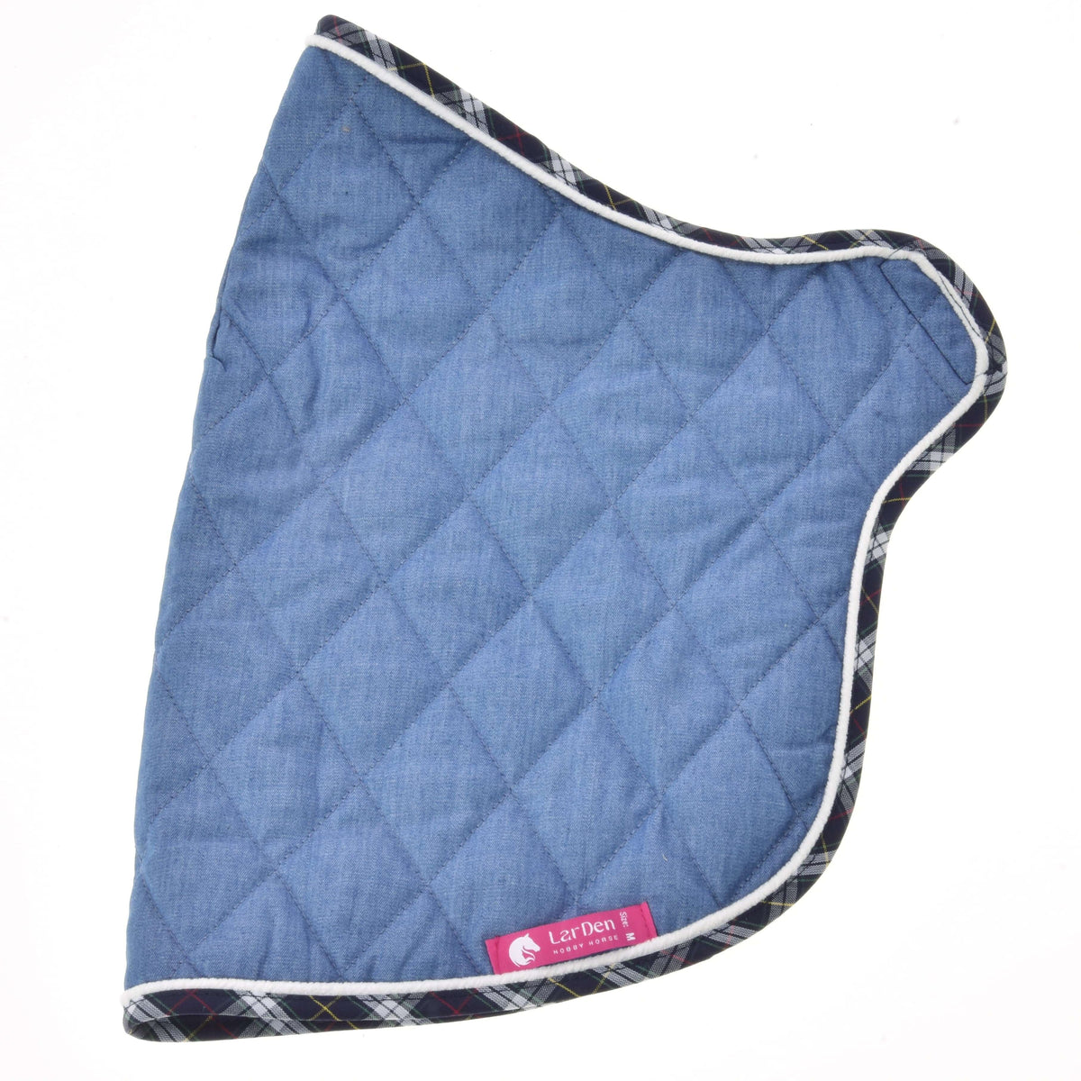 Hobby Horse Blanket Beautiful Jeans folded in half: diamond quilted denim blue, tartan edge and pink LarDen label