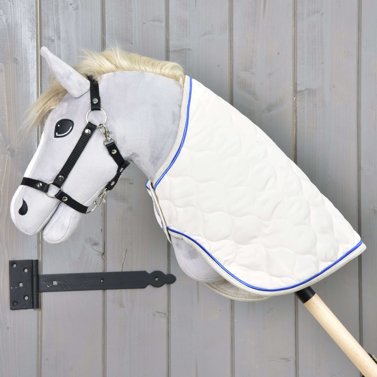 Grey Hobby Horse in a black halter wearing the Blanket Cream Pearl, cream quilting with royal blue piping over its neck