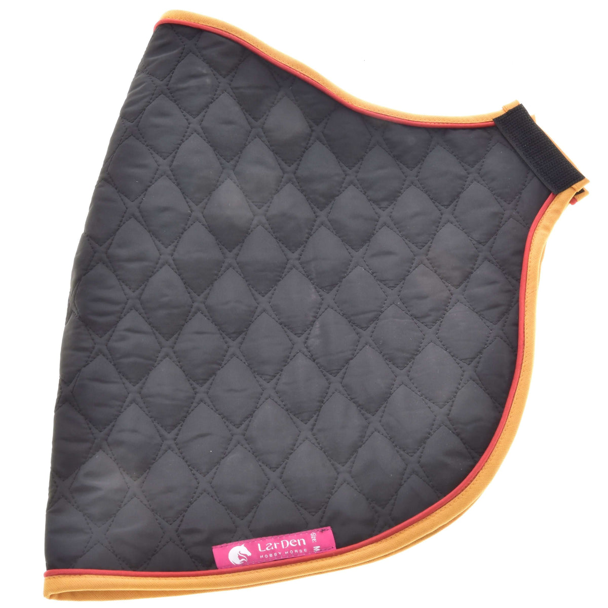 Black quilted blanket laid flat with a pink LarDen label, gold edging, red piping and a black front strap