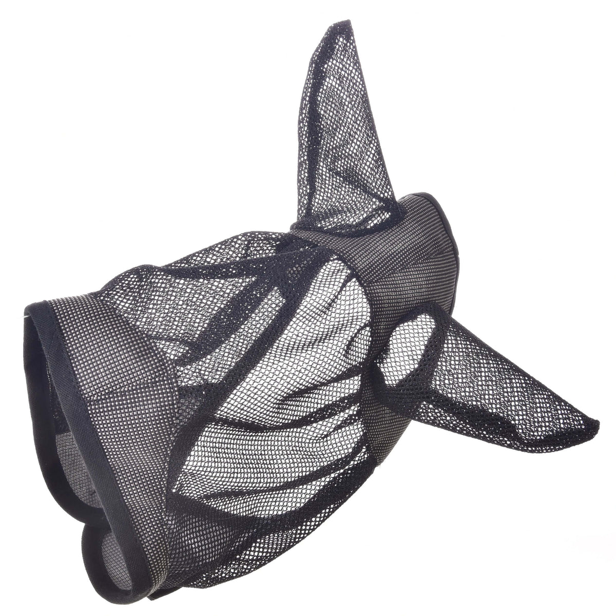 Hobby Horse flugmask De Luxe Grey ensam från sidan, grått tyg med svart kantband och spetsiga nätöron