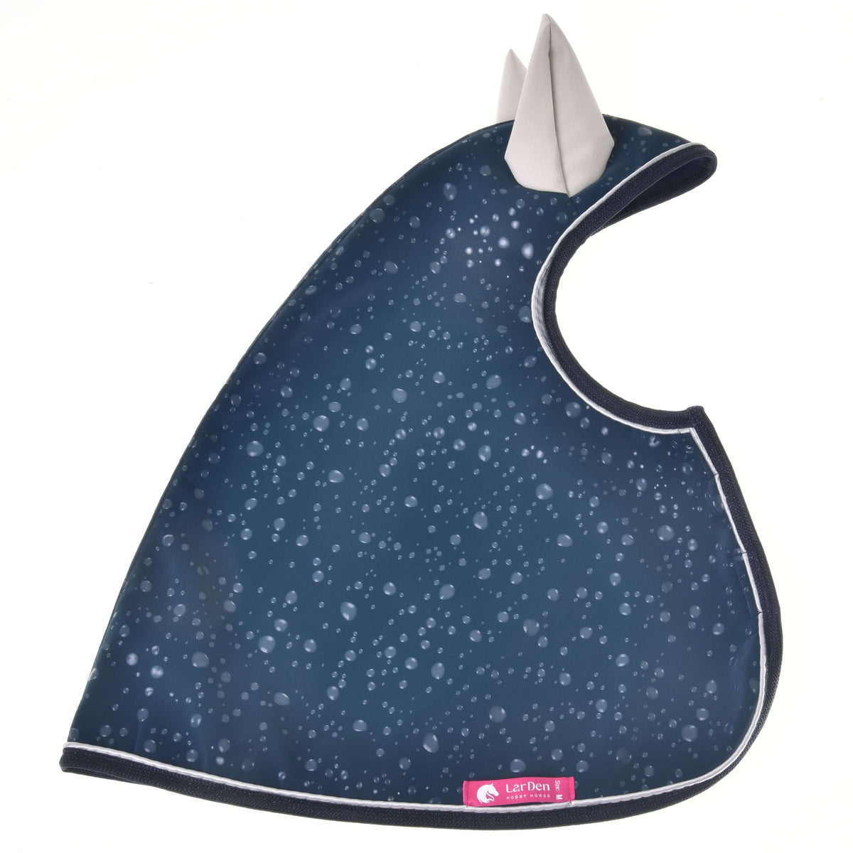 Hobby Horse regntäcke Derby liggande, mörkblått vattendroppstryck med ljusgrå öron och rosa etikett