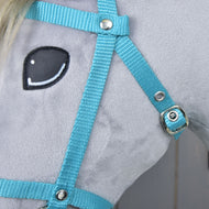 Close-up of the turquoise webbing bridle: browband, cheekpiece and buckle with silver rivets beside the eye