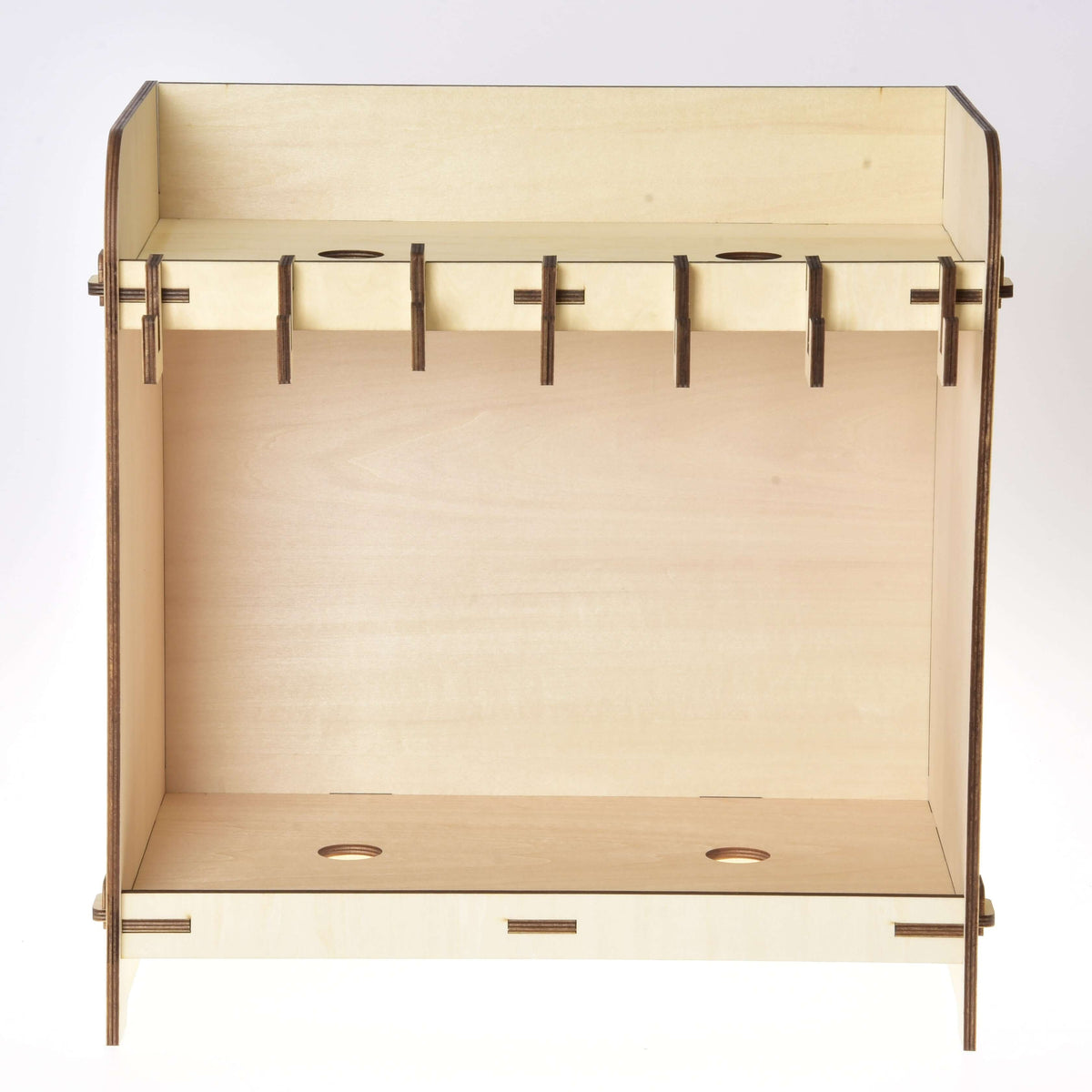 Stable for 2 Hobby Horses seen from the front: open plywood frame, a row of hooks and round holes in the top and base