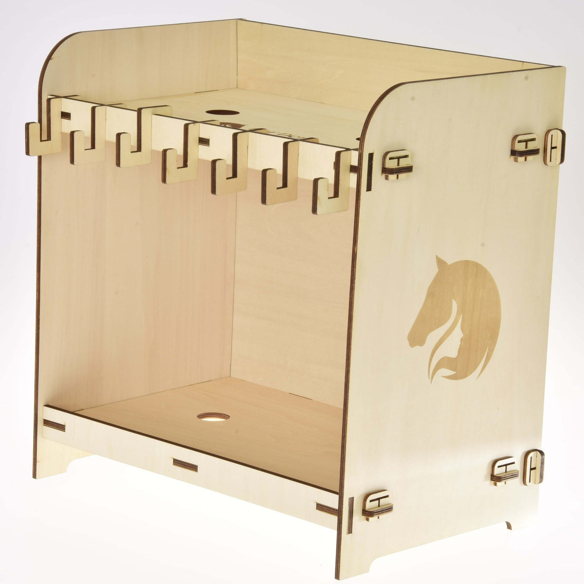 LarDen Stable for 2 Hobby Horses in light plywood with a row of hooks, two round holes and an engraved horse head
