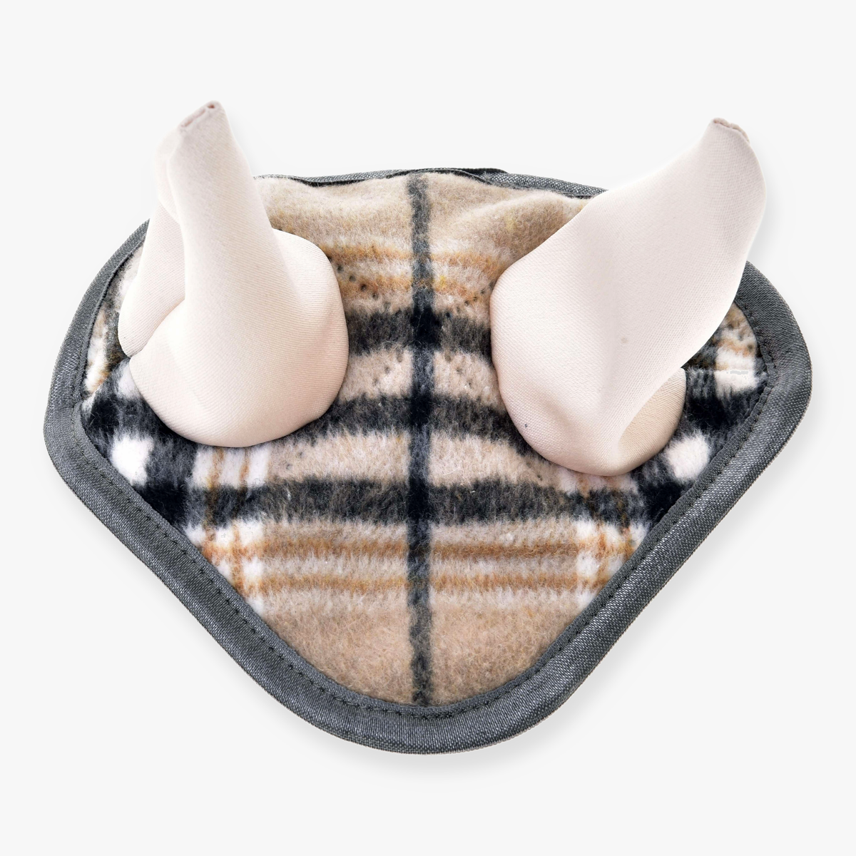 Hobby Horse flughuva Cremo England från LarDen, beige rutig flughuva med krämfärgade öron och grått kantband