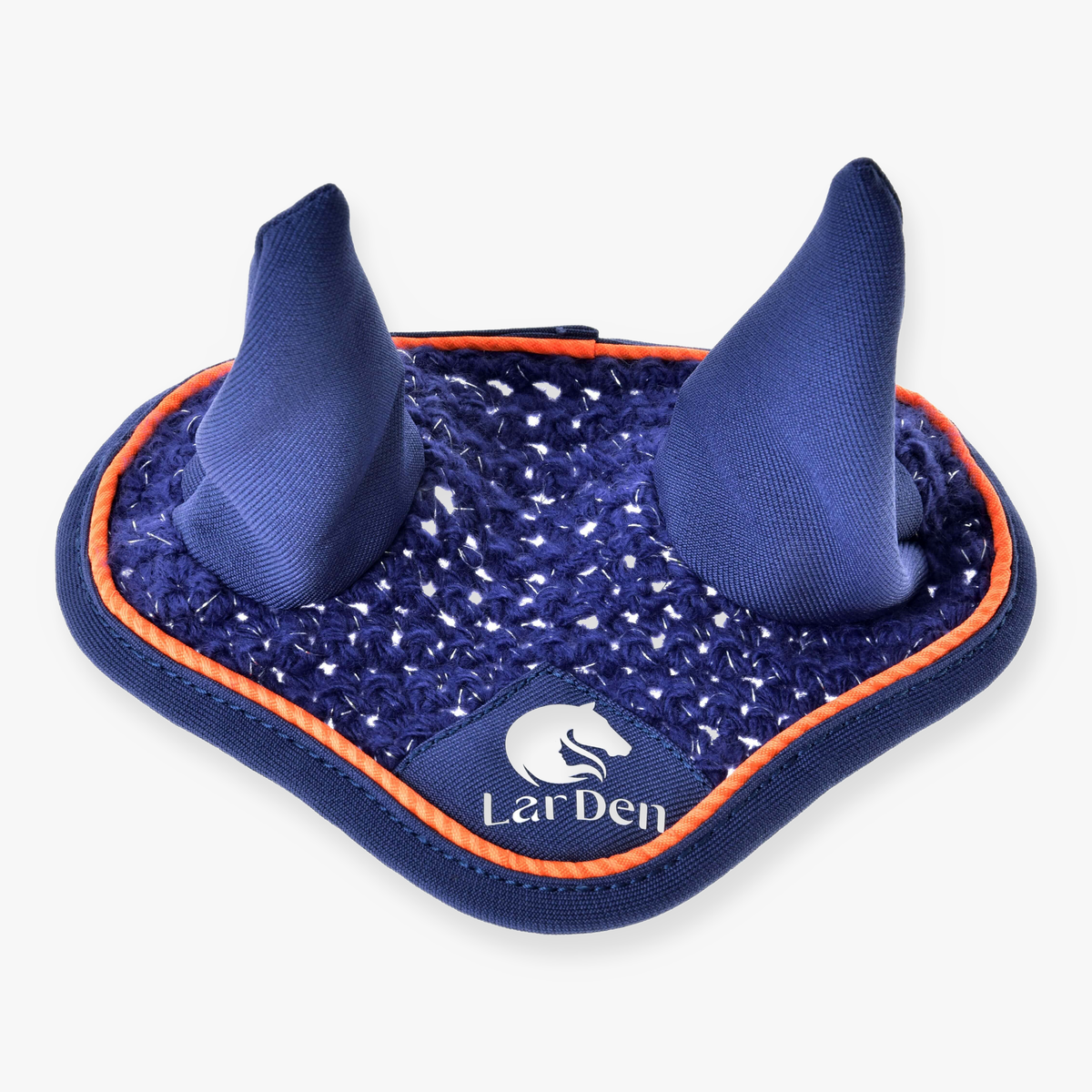 Hobby Horse flughuva virkad Blue Sport från LarDen i marinblått med silverglitter, orange passpoal och vit logga