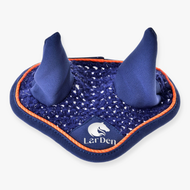Hobby Horse Ear Bonnet Crocheted Blue Sport by LarDen in navy with silver sparkle, orange piping and white logo