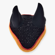Hobby Horse Ear bonnet crocheted Flag by LarDen, black crochet with black ears and red and golden yellow trim