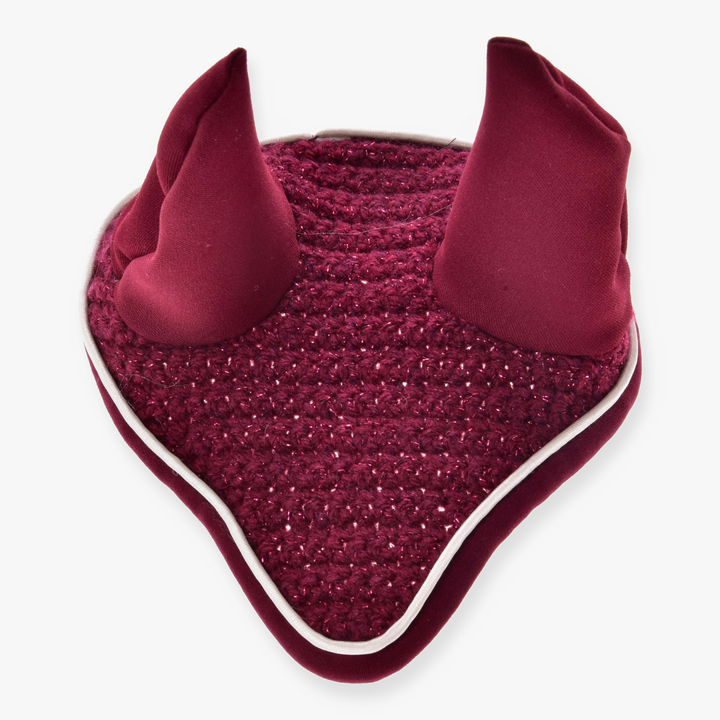 Hobby Horse Ear bonnet crocheted Lux Maroon by LarDen in sparkly maroon crochet with matching ears and white piping