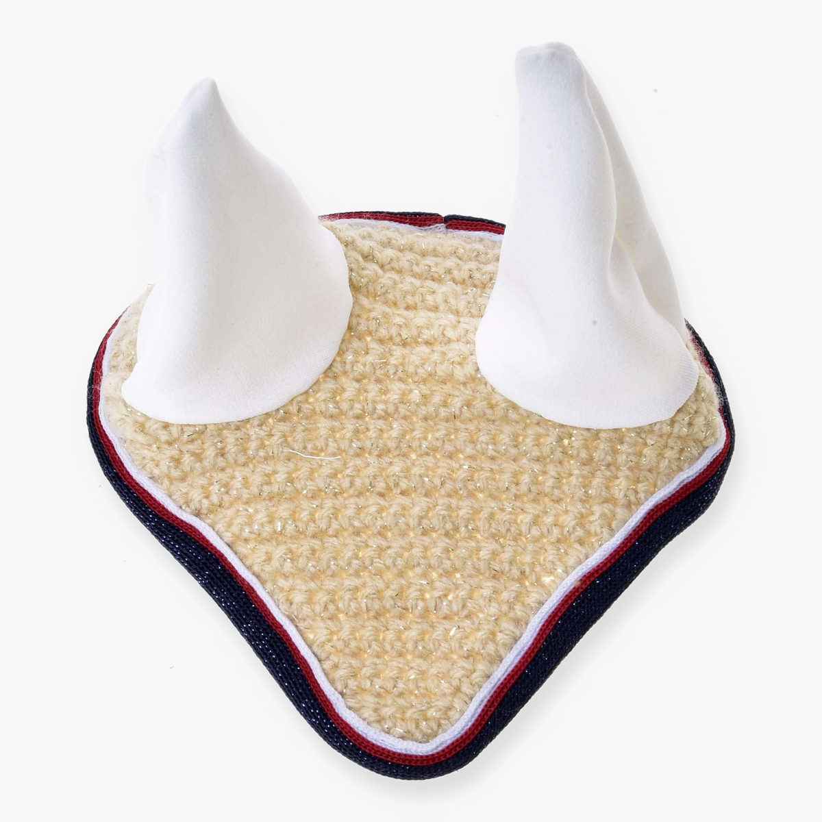 Hobby Horse flughuva virkad Nicol från LarDen i krämvitt glittergarn med vita öron och marinblå, röd och vit kant