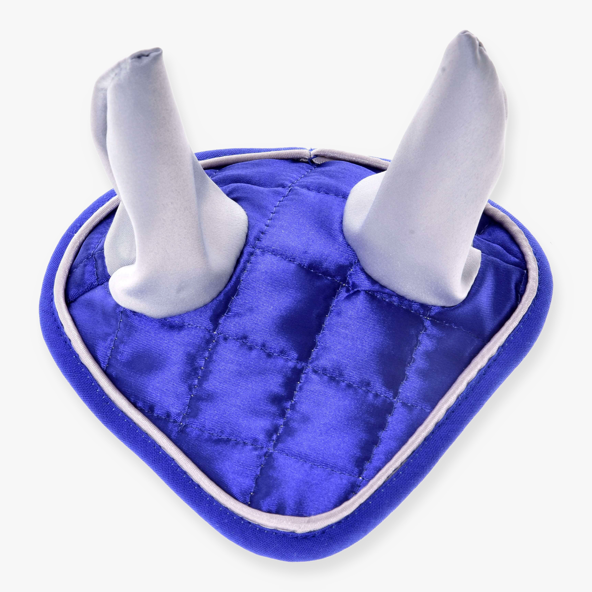 Hobby Horse Ear Bonnet DeLuxe Blue by LarDen in shiny royal blue quilted satin with silver grey ears and grey piping