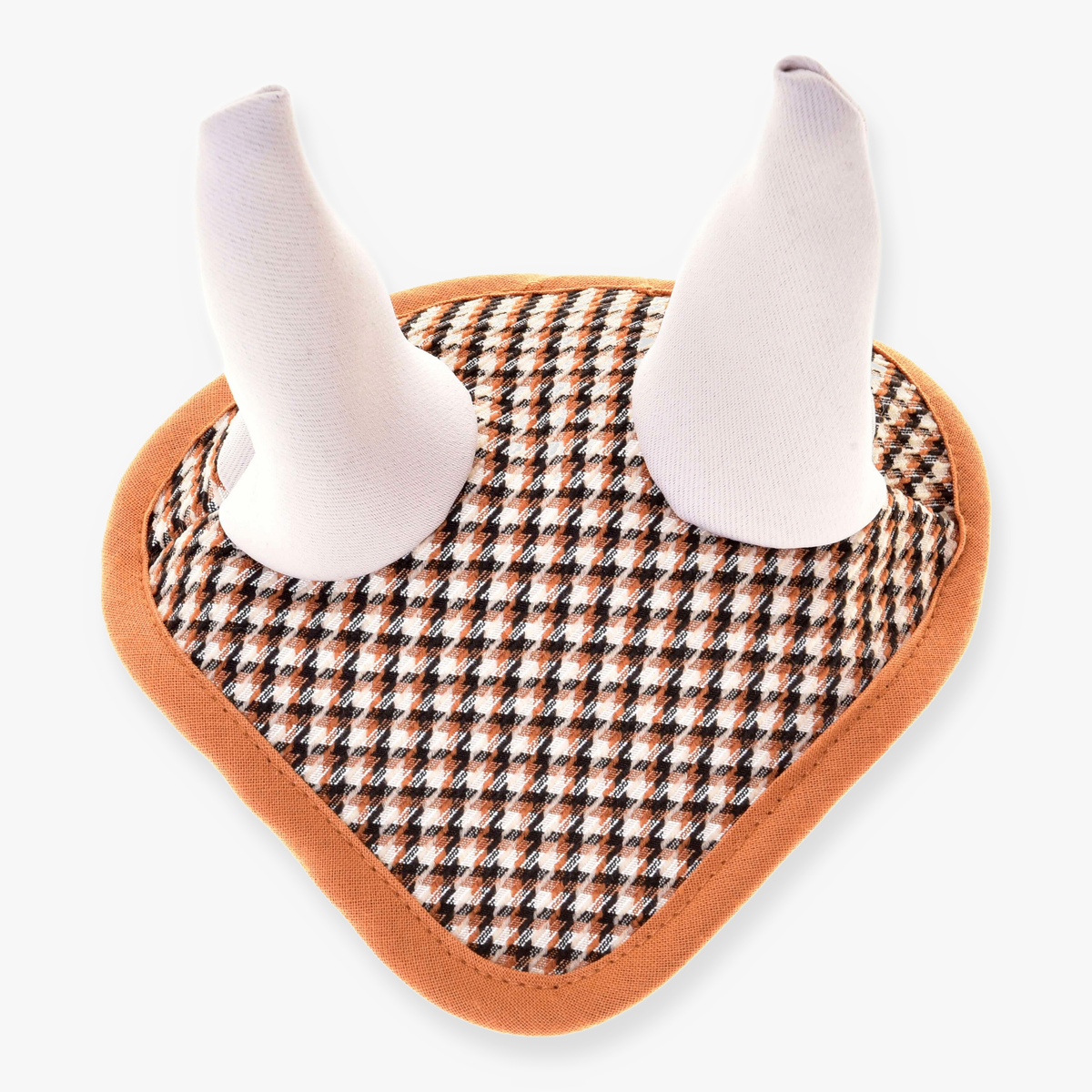 Hobby Horse Ear bonnet english brown plaid by LarDen in brown houndstooth with white ear covers and caramel trim