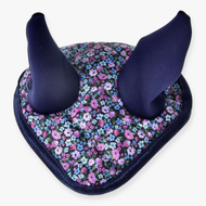 Hobby Horse Ear Bonnet Flower by LarDen with navy ears and a quilted top in small pink, purple and blue flowers
