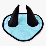Hobby Horse Ear Bonnet Ice Blue by LarDen in light blue plush with black trim and two black ear covers, seen from above