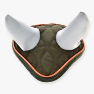 Hobby Horse Ear Bonnet Sport by LarDen in quilted olive green with light grey ears and orange piping