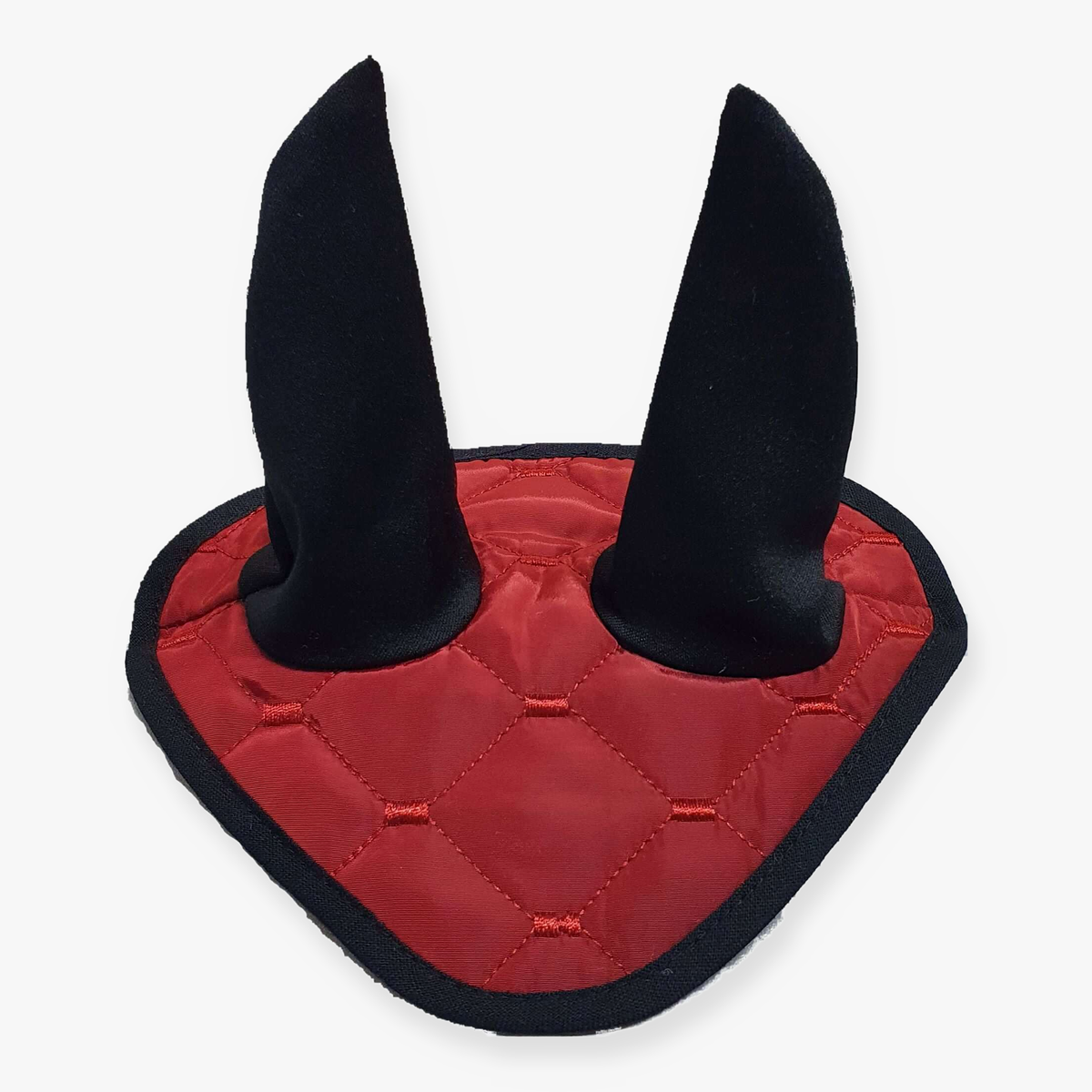 Hobby Horse Ear Bonnet Thermo Bordeaux by LarDen, diamond-quilted in red with black trim and black ear covers